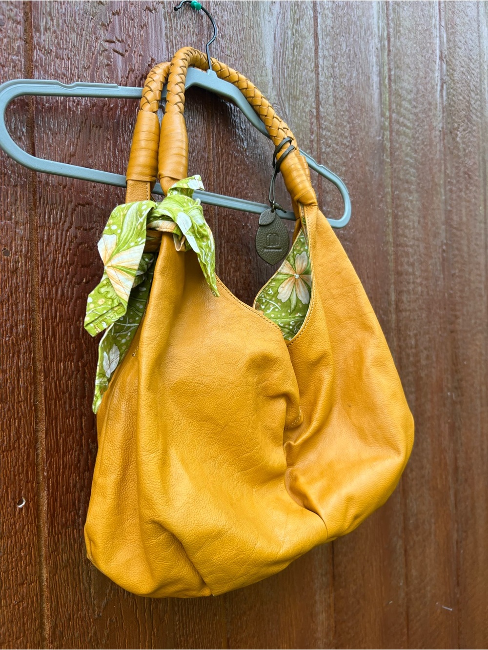 Motherhouse Leather Hobo Shoulder Bag Mustard Yellow Woven Handle Floral Lined - Picture 2 of 10